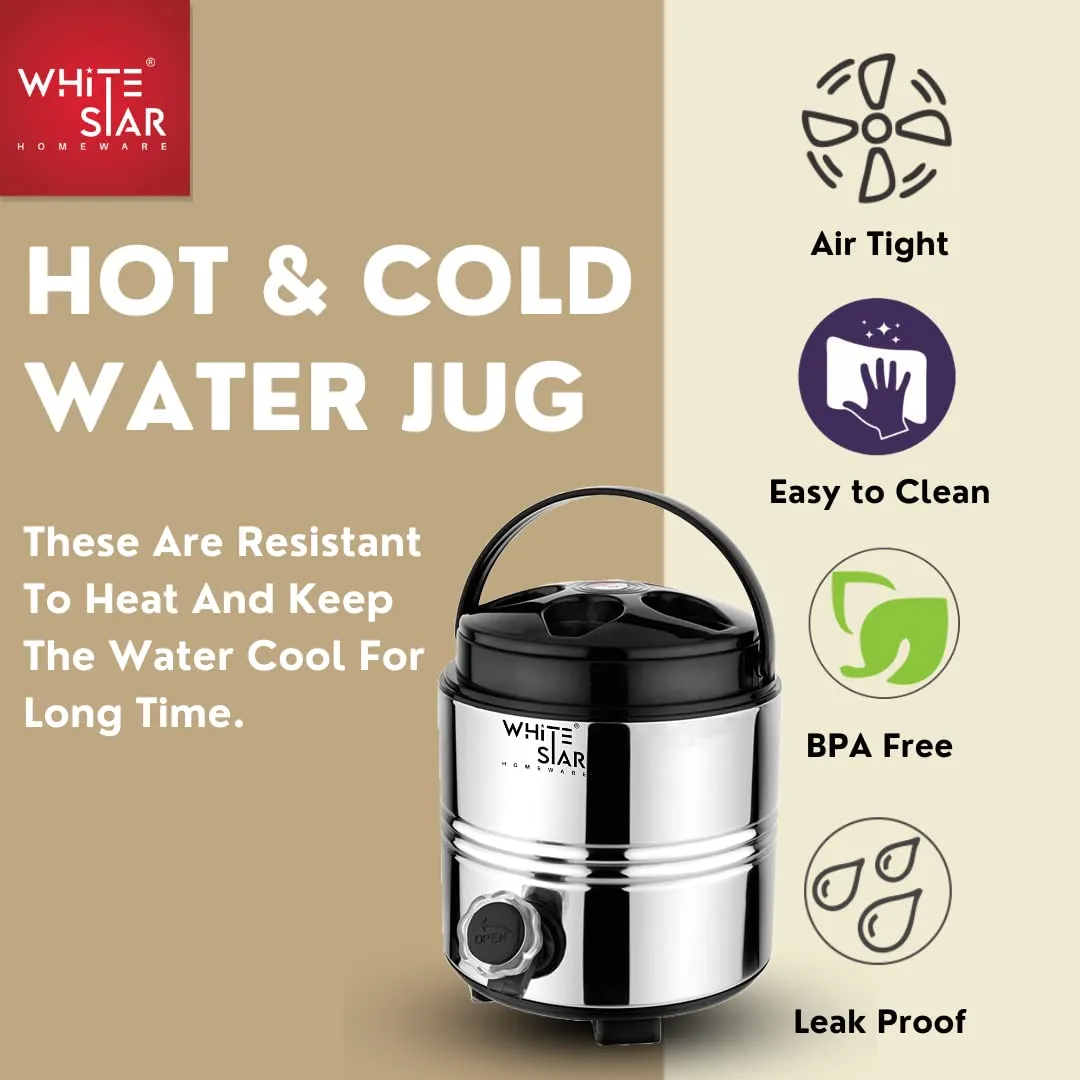 WHITESTAR Stainless Steel Water Jug/Mayur Jug for Home Kitchen Office I Insulated Steel Water Jug 3 Liters, Silver I Hot Teal Flas/Jar/Containers with Leak Proof Tap I PUF Insulation I Durable